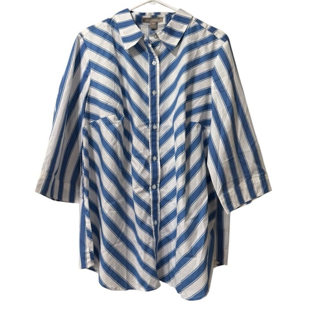 Woman Within‎ Womens Blue White Striped Print Button Up Shirt Size Large Office